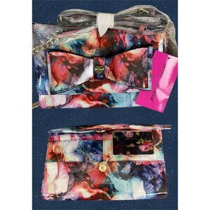 Betsey Johnson Colorful Print Bow Detail Snap Zip Logo Lining Crossbody Handbag